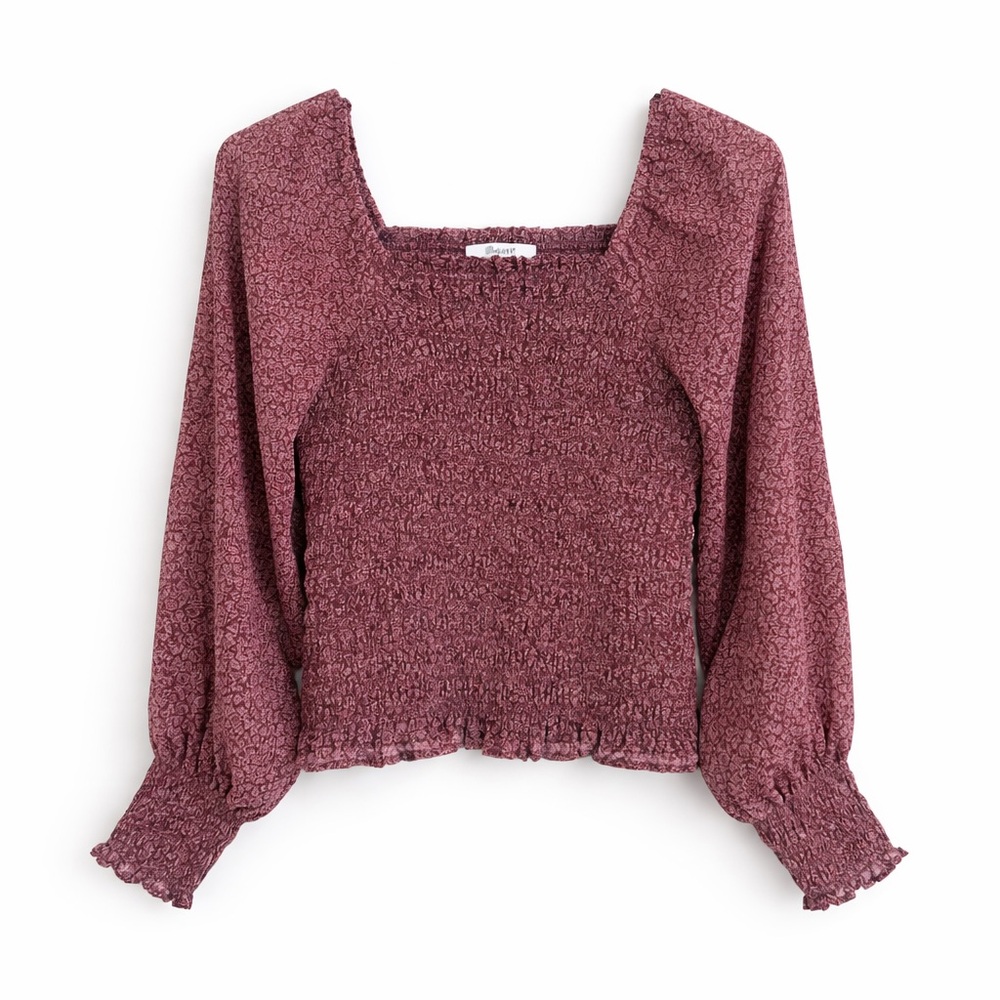 Madewell Smocked Floral Blouse XS Square Neck Long Sleeve Top